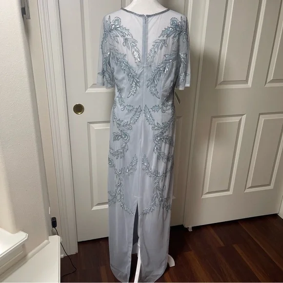 NWT Adrianna Papell Boutique Glacier Pale Blue Beaded Illusion Cocktail Gown 12 - Picture 5 of 16